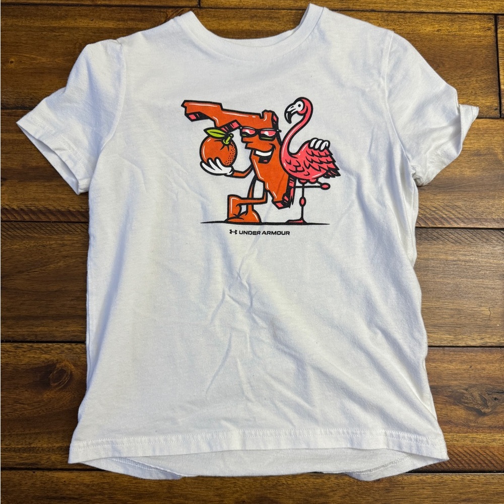 Under Armour Kids White Tee with Flamingo Graphic